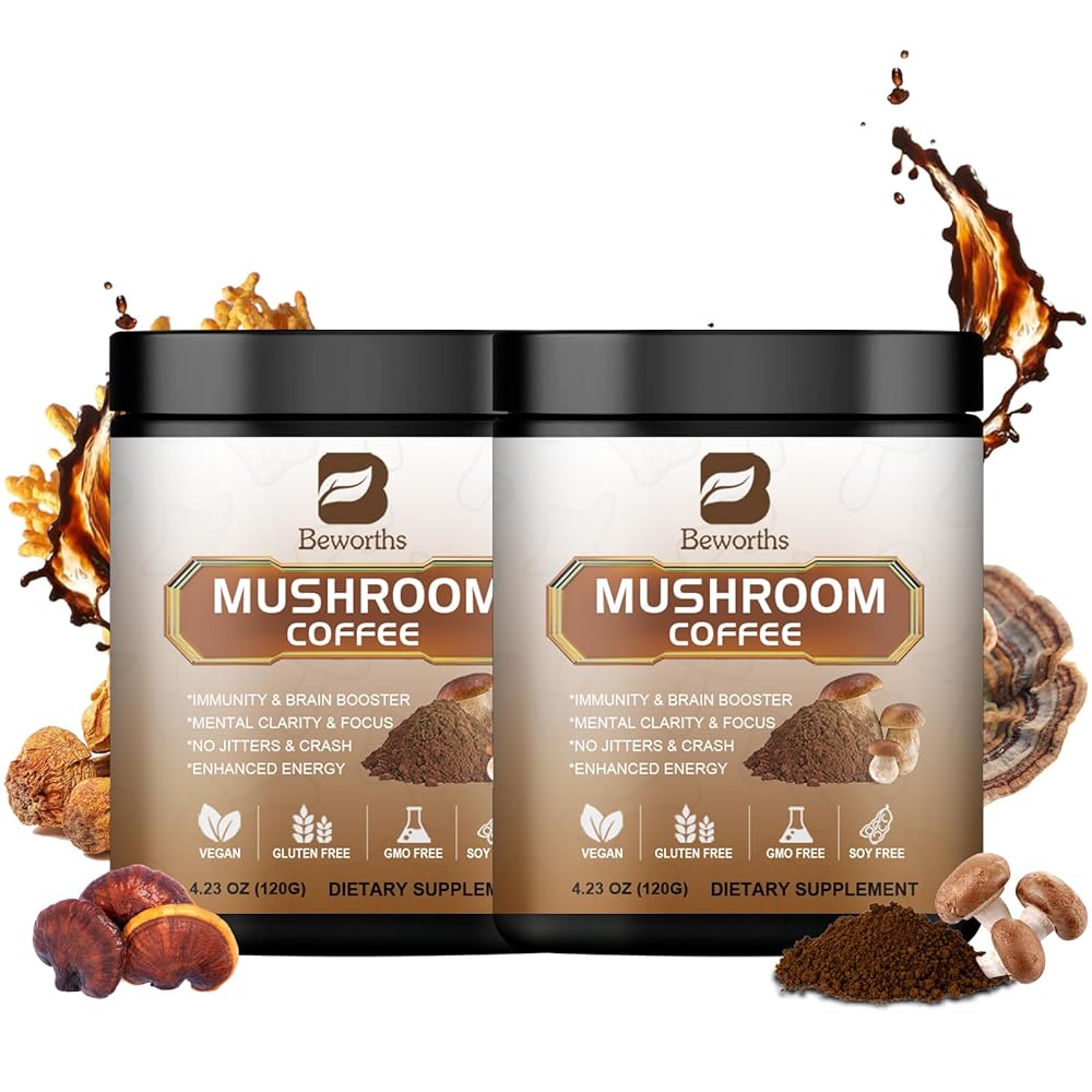 2Pack Mushroom Coffee - Lions Mane Mushroom Powder Arabica Instant Coffee with Lion\'s Mane, Reishi, Chaga, Cordyceps and Turkey Tail - Mushroom Coffe Alternative Support Immune & Focus, Brain Booster