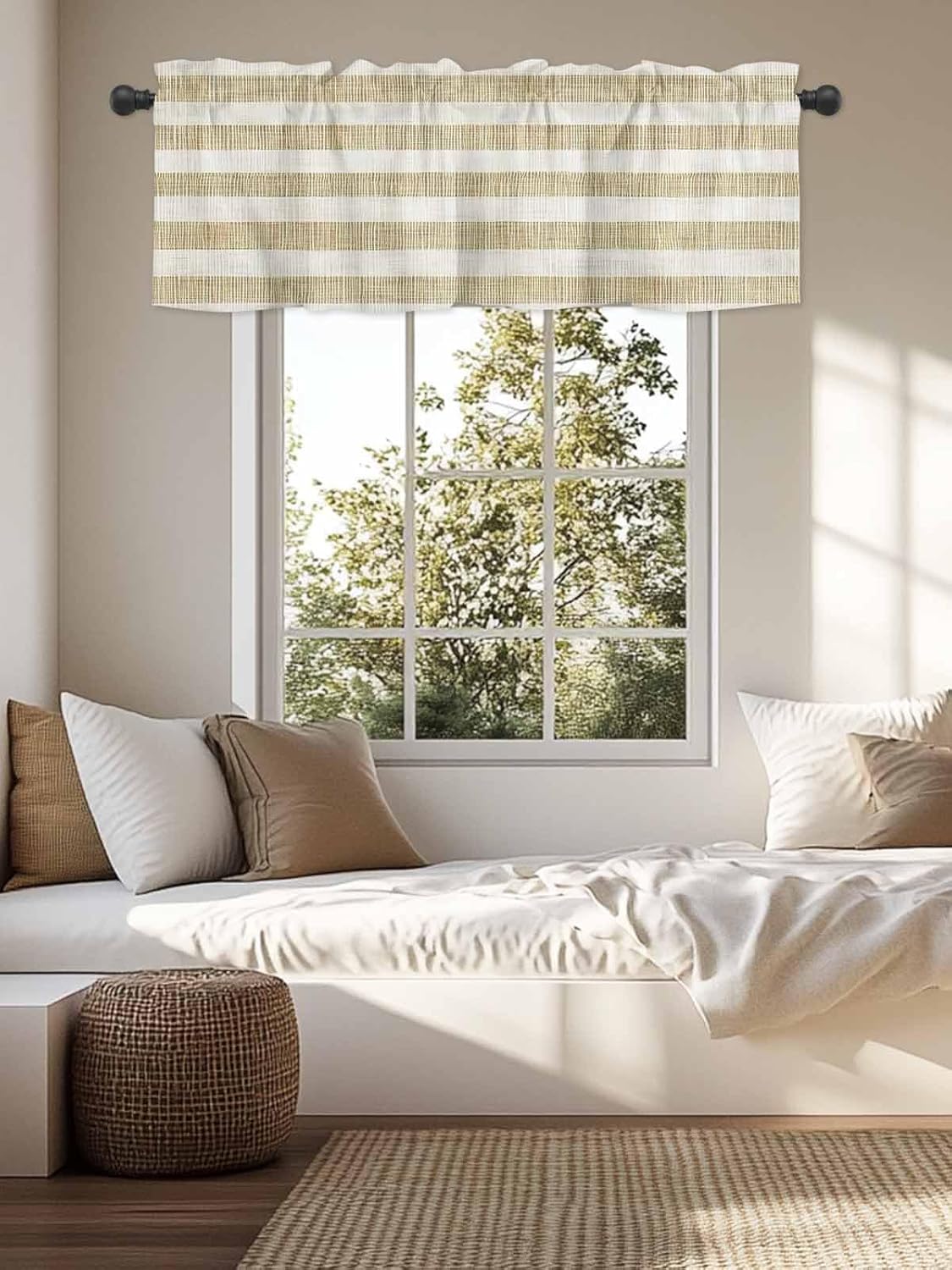 Kitchen Cafe Valance Curtain for Small Windows,Retro Khaki Linen Striped Rod Pocket Short Blackout Curtains,Country Light Brown Darkening Window Treatment for Living Room Bedroom Bathroom