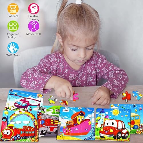 Miniatura 2 de Rompecabezas de madera de animales y vehículos para niños de 2 a 5 años, 9 piezas de juguetes educativos vibrantes para niños pequeños, juego de 6