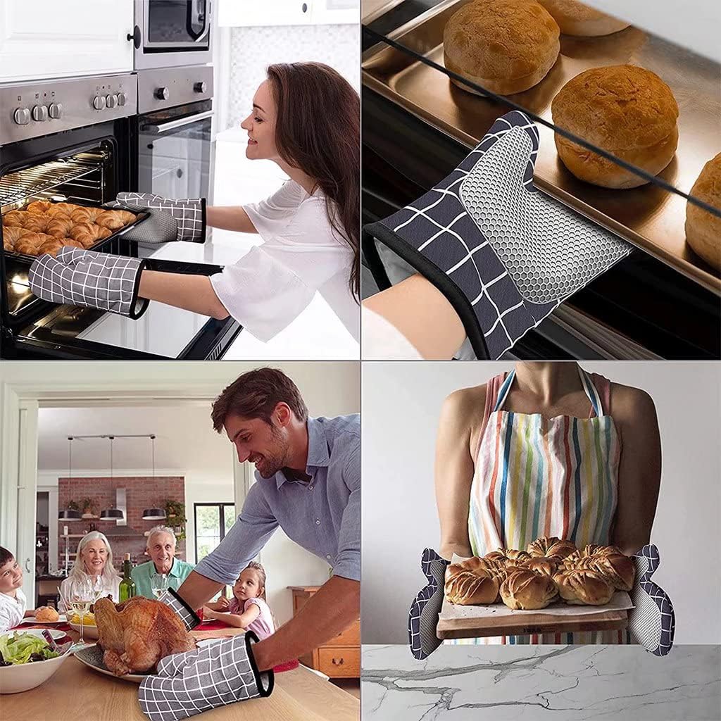 Oven Gloves, Silicone Oven Gloves, Cotton Lining and Non-Slip Surface, Square Stitched Heat Resistant Gloves for Kitchen, Baking, Grilling（Gray）