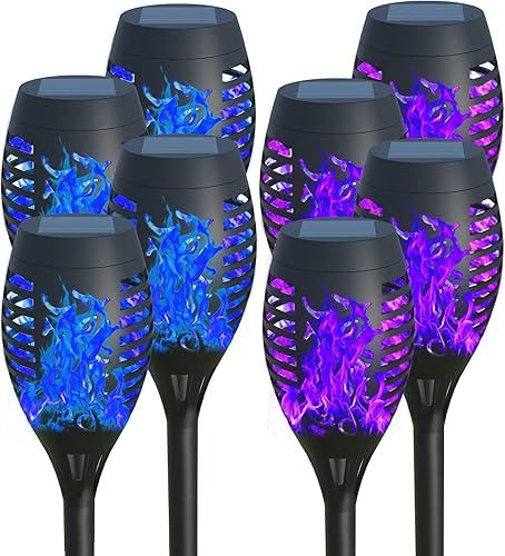 Luces solares al aire libre Waterperoof, antorchas solares AOUNQ para exteriores con llama parpadeante, paquete de 8 mini luces solares para