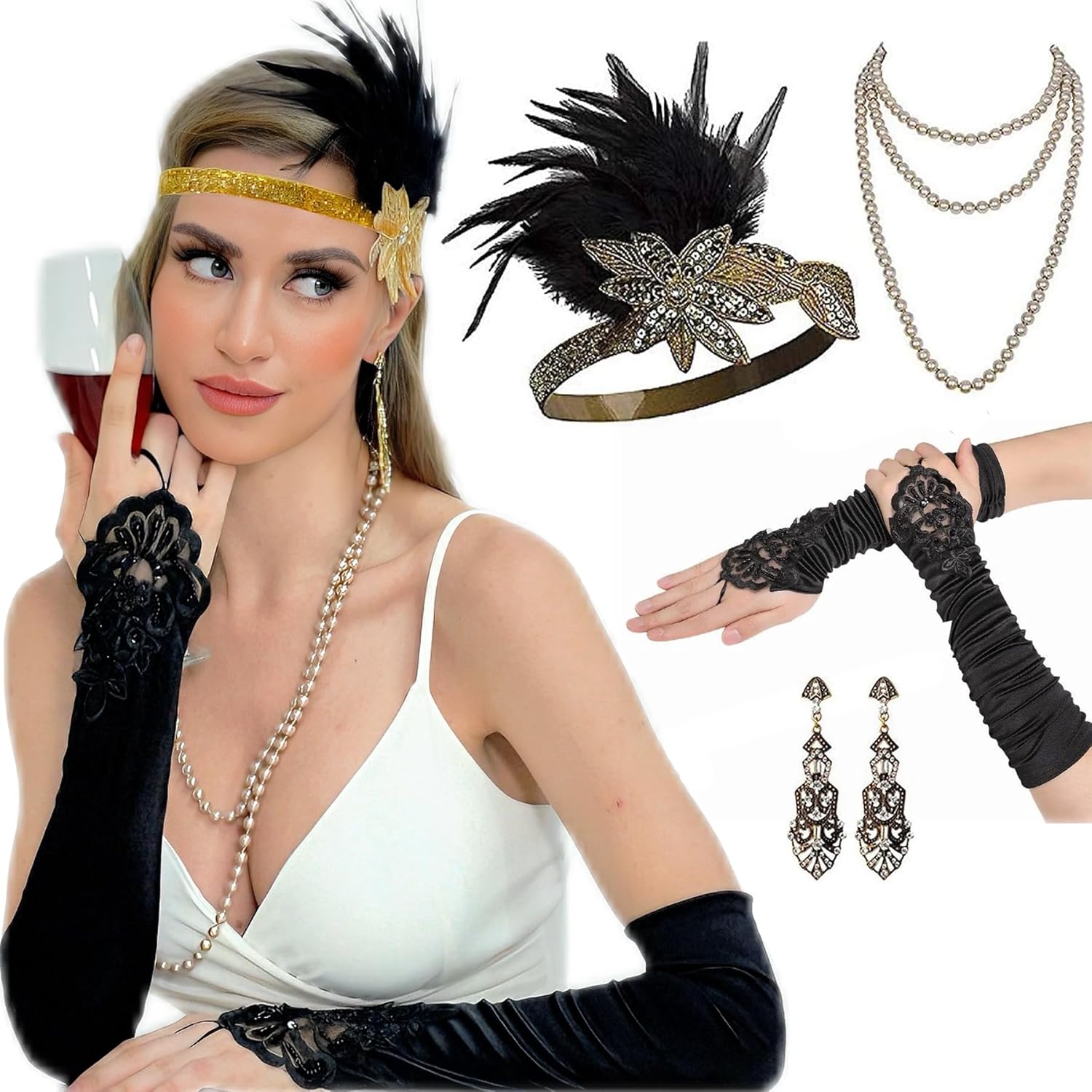 1920s Flapper Gatsby Costume Accessories Set 20s Flapper Headband Vintage Pearl Necklace Gloves