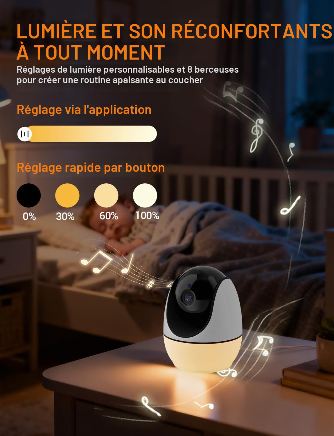 BURNNOVE Babyphone Camera WiFi 5" Camera Bebe 720P Babyphone Connecté Application Telephone Surveillance des Mouvements Suivi Automatique Vision Nocturne 360° Caméra avec Veilleuse Zoom 4X Carte TF
