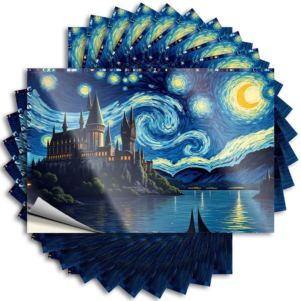 Decal Cottage Core Decorations Durable Vinyl - A Magical Castle Under A Swirling Starry Sky Wall for Indoor Use(8X12CM)