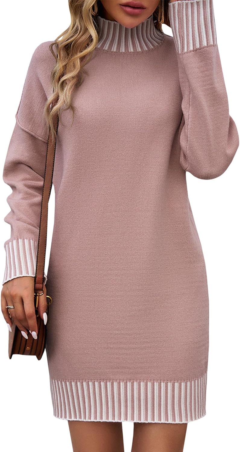 Sexyshine Women's Mock Turtleneck Sweater Dress Long Sleeve Stripe Color Block Ribbed Knitted Winter Fall Pullover Dresses