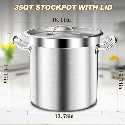 Miniatura 2 de Olla grande de cocina, 35 cuartos de galón, olla de inducción resistente con tapa de acero inoxidable de grado comercial, olla de stock para sopa,