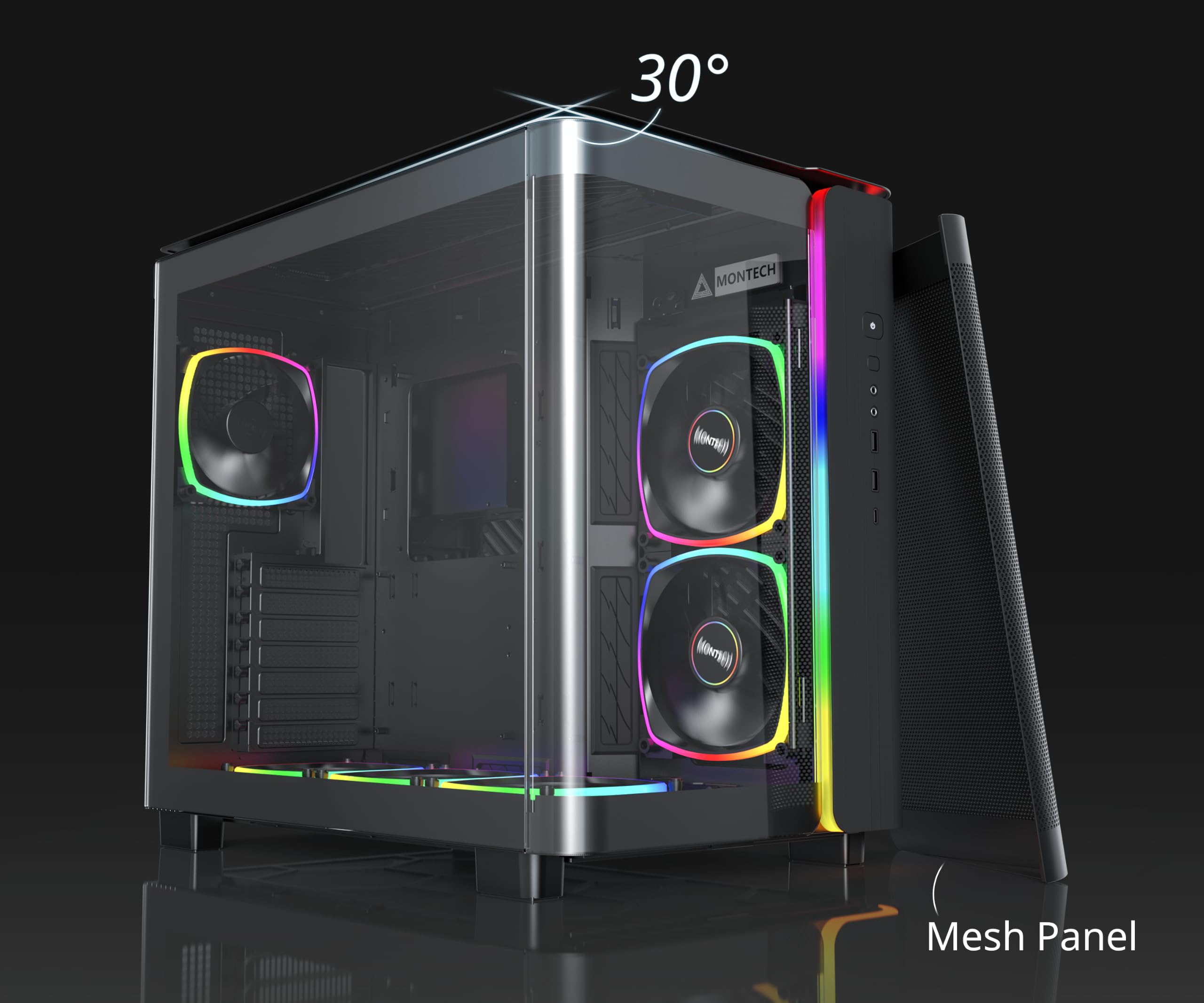 Montech KING 95 PRO Czarna dwukomorowa obudowa Mid Tower z 6 wentylatorami ARGB i 10-portowym koncentratorem ARGB