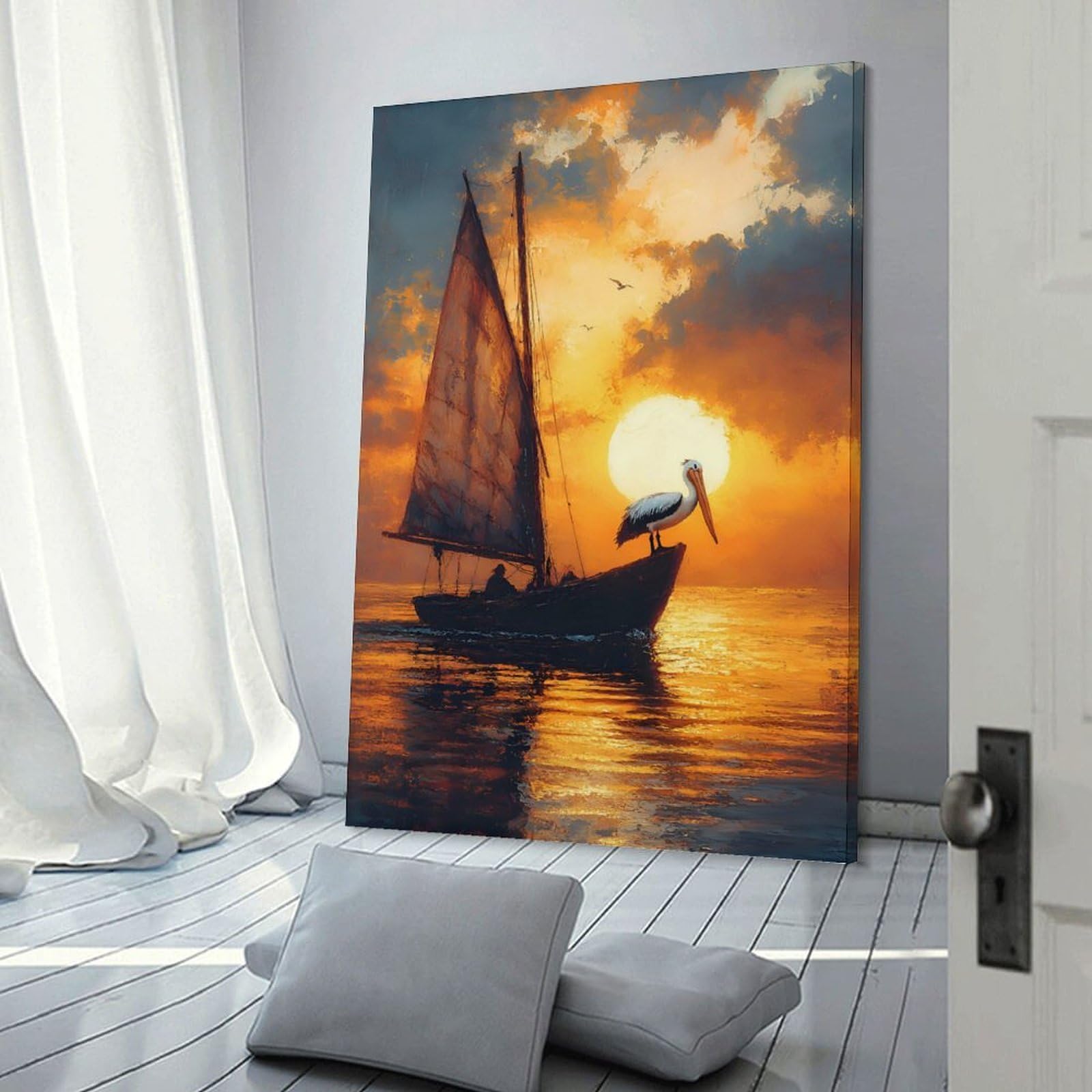 Junmoney Frame-Style-5 Pelican On A Sailboat At Sunset Canvas Wall Decor, 16X24inch(40X60cm), For Wall Displays, Bedrooms Or Room Updates, Wall Decor Suited To Curated Displays
