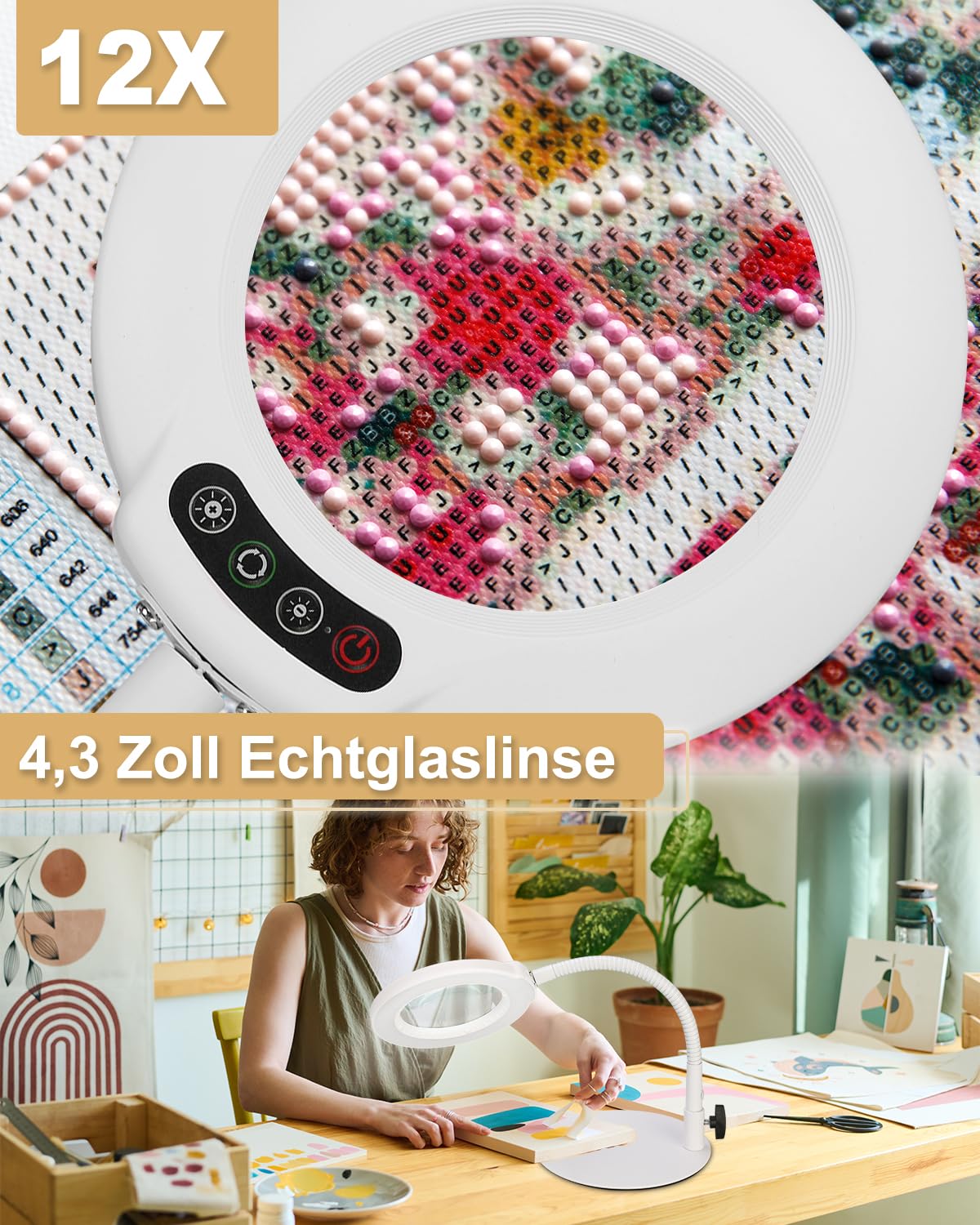Veemagni 12 Lupa con luz y Soporte, 5 Modos de Color, lámpara de Escritorio iluminada por LED sin Niveles, Manos Libres, Cuello de Cisne Flexible, Lupa con luz, para Manualidades, Pintura, Cierre