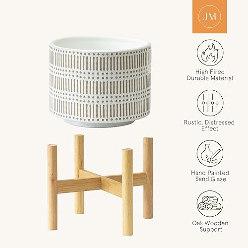 Miniatura 10 de LA JOLIE MUSE Maceta de cerámica con soporte de madera, maceta decorativa redonda moderna de 7.3 pulgadas para interiores con soporte para maceta de