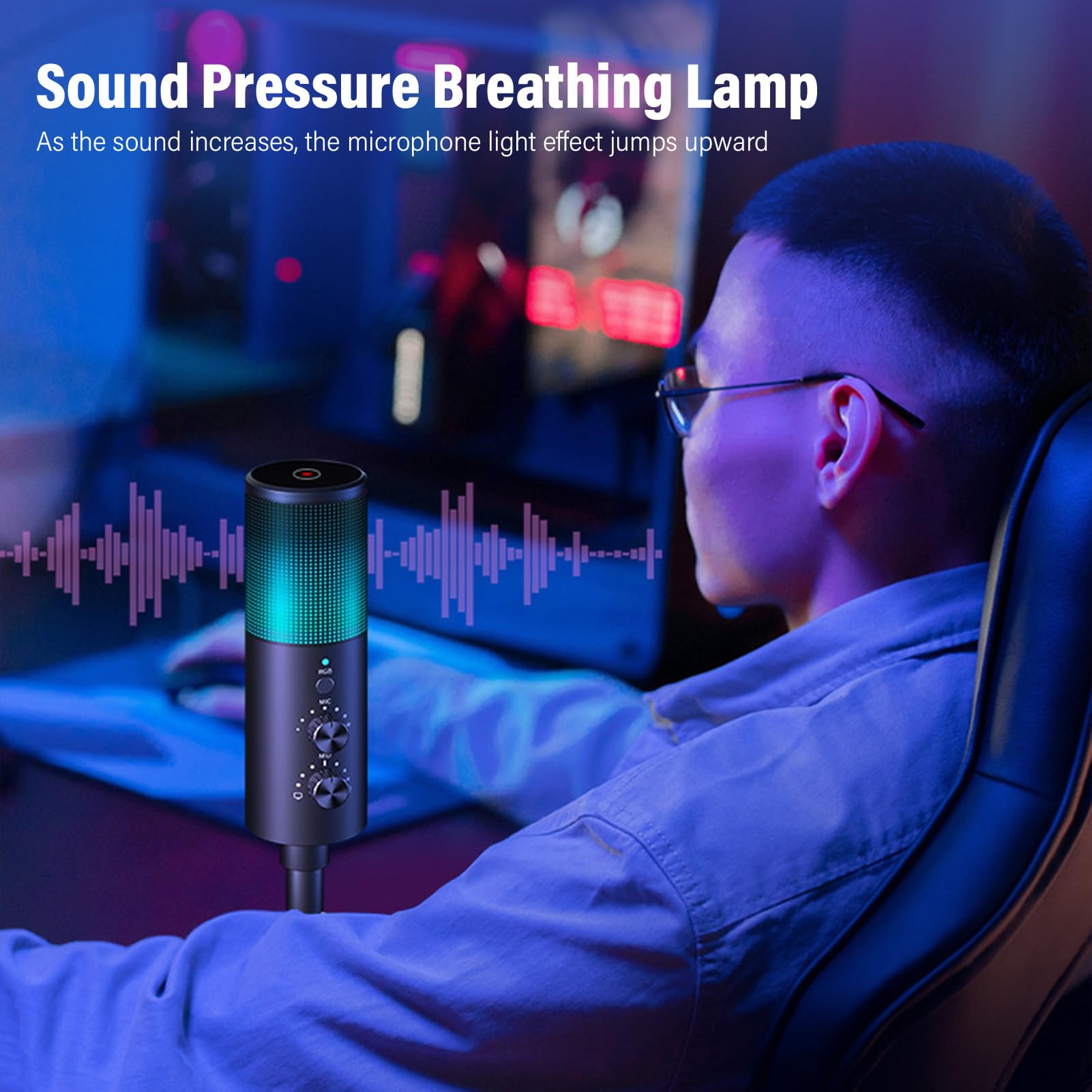 Gaming Microphone, USB Microphone with RGB Light for Computer Mobile Phone, Cardioid Microphones Noise Reduction for Live Streaming Podcast Recording