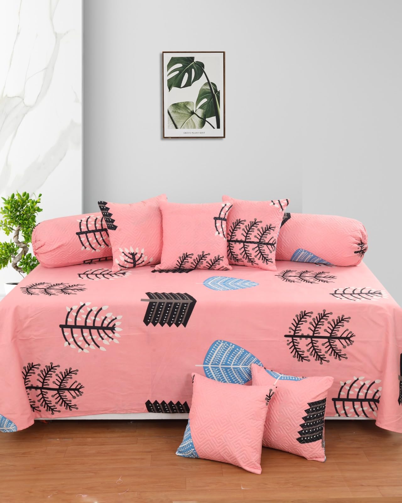 Premium 100% Microfiber Cotton Feel Diwan Set Covers |1 Single Bedsheet 60x90inch and 2 Bolsters 16x32inch and 5 Quilted Cushion Covers 16x16inch | Chritmas Prnited | (Pink Floral)-image-24