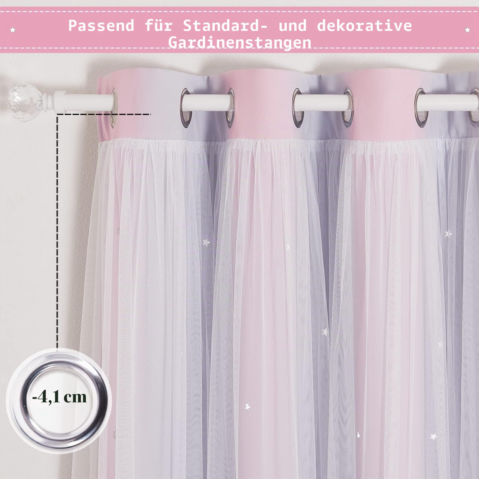 NICETOWN Gardinen Kinderzimmer Mädchen 2 Stücke Verdunklungsvorhänge Dekoration Sternevorhänge mit Voile Curtains Ösenvorhang H 240 x B 132 cm, Pink+Lila