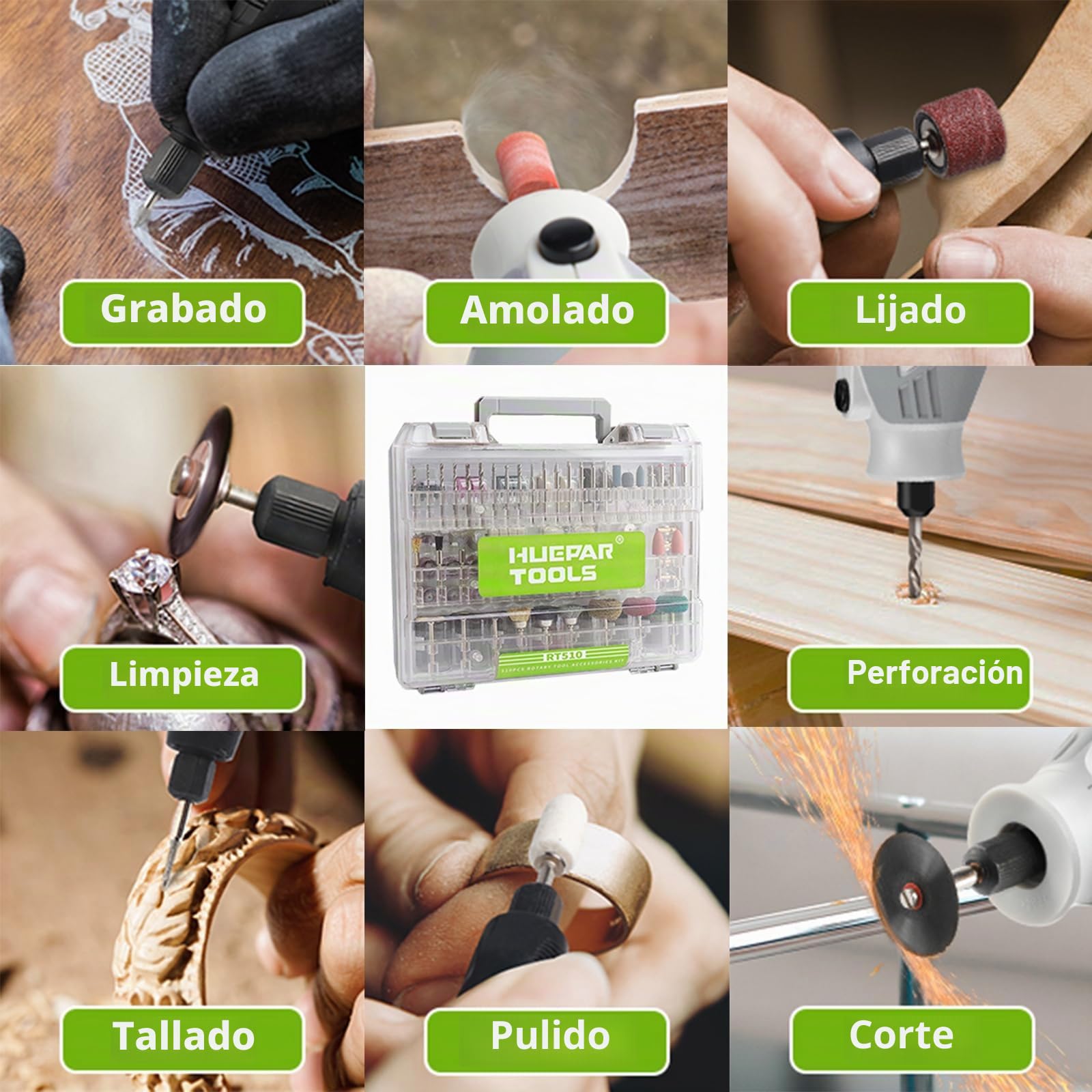 Kit de 510 Accesorios de Herramientas Rotativa, Huepar Tools Accesorios Variados Multiusos, Universales Accesorios para Dremel u Otro, Reutilizables, para Cortar, Esmerilar, Pulir, Taladrar y Grabado