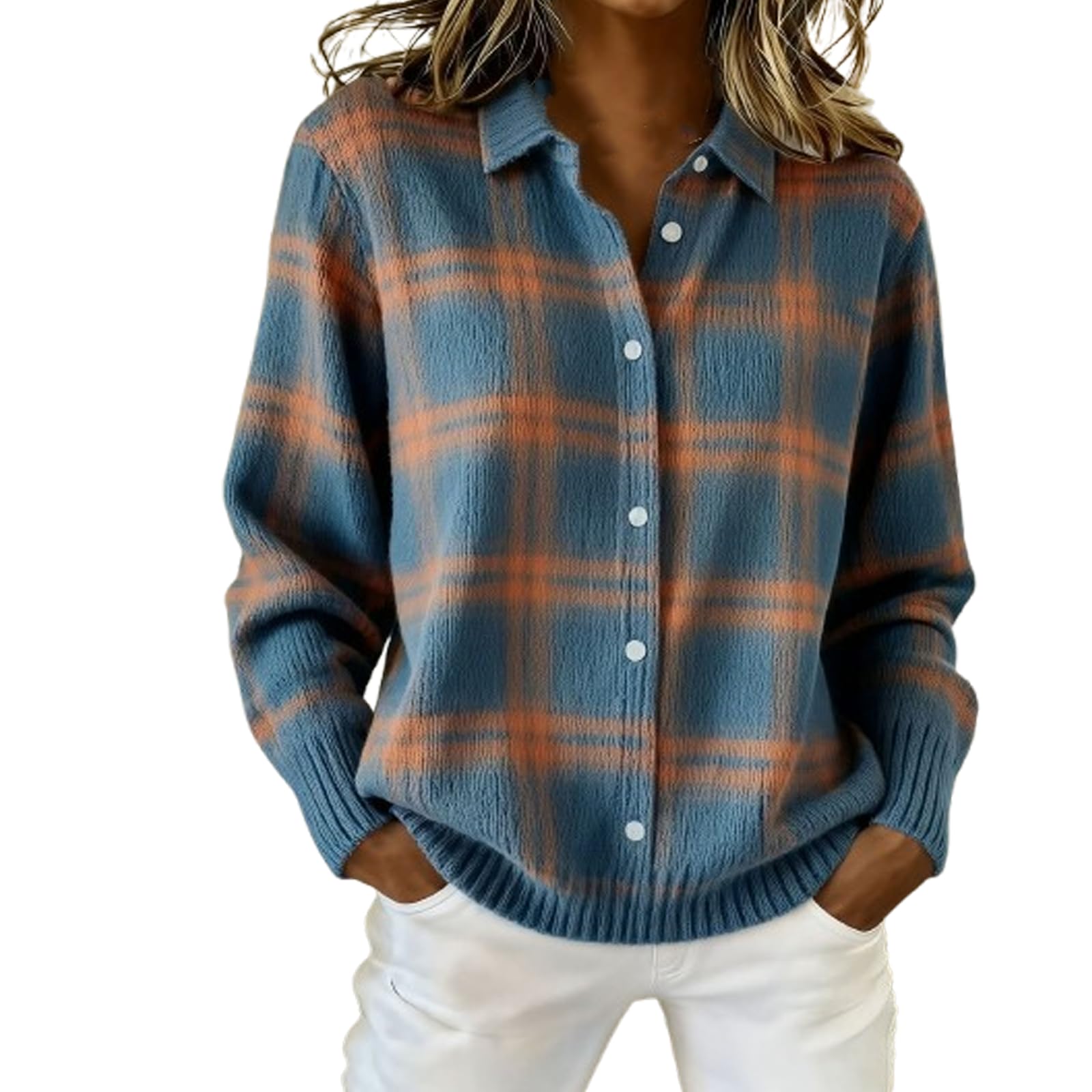 Womens Plaid Print Casual Cotton Buttoned Cardigan Sweater Collared Plaid Knitted Cropped Cardigan Loose Comfort