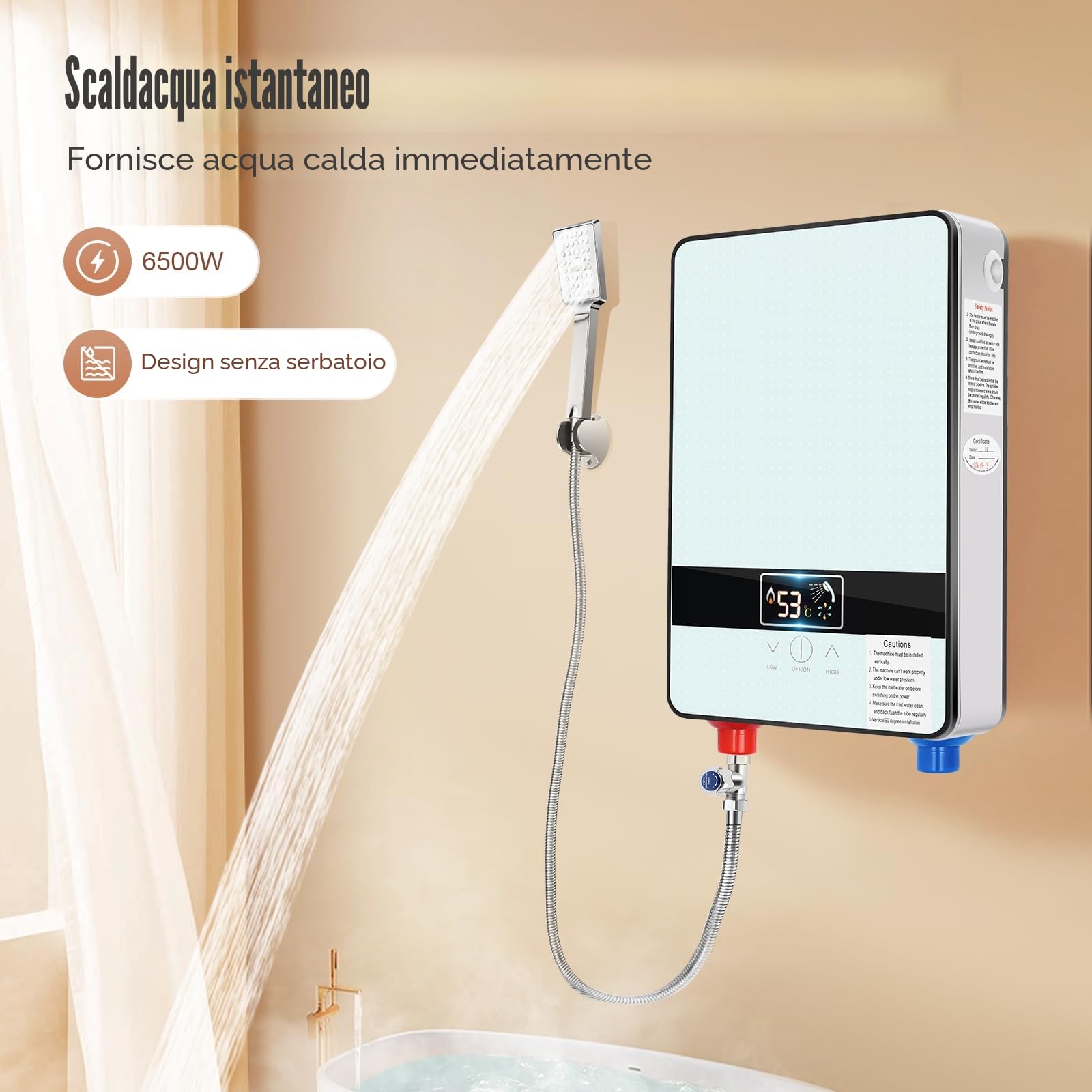 Scaldacqua istantanea doccia, scaldacqua elettrico istantaneo, 6500 W Tankless acqua calda istantanea bagno doccia, bagno scaldabagno elettrico 0-55 ℃, 29 × 19 × 6,5 cm