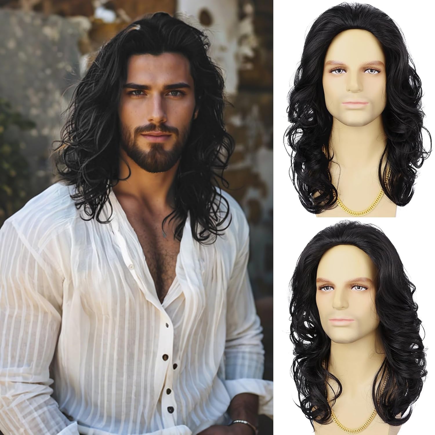 Guree Hair Mens Wig Long Curly Wavy Black Wigs for Men Heat Resistant Synthetic Male Wig for Daily Party Cosplay Costume Halloween Use (Black)