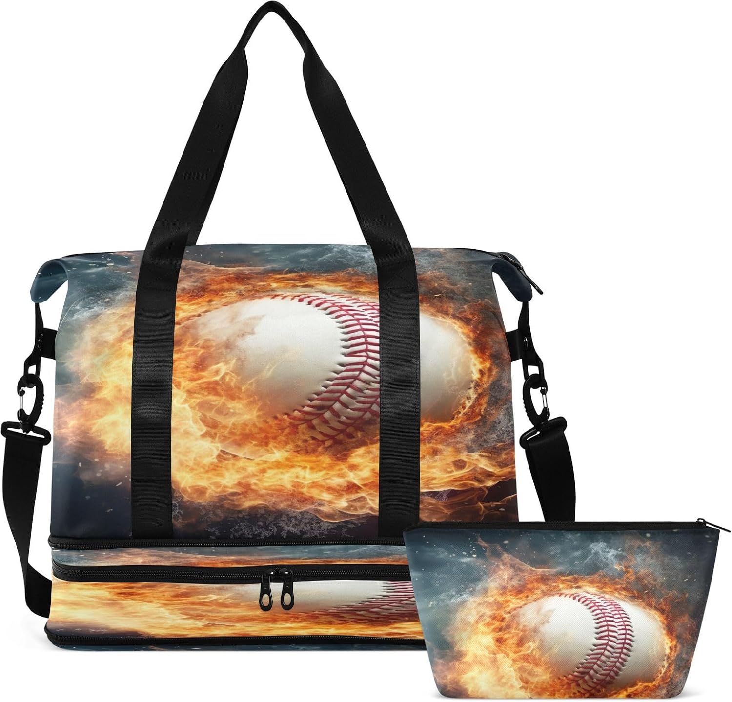 Kigai Ice Fire Baseball Gym Bag for Women & Men,Waterproof Weekender Overnight Bag with Shoes Compartment Sports Duffel Bag for Gym Yoga Swimming Camping