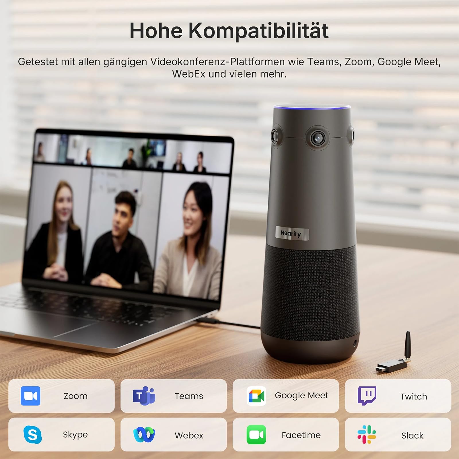 NEARITY 360 Alien 4K Webcam für Videokonferenz, 3 KI-Modi, 6 Mics mit Geräuschunterdrückung, Auto-Framing, 8MP Videokonferenzkamera mit Mikrofon und Lautsprecher für Zoom/Teams/PC/Laptop/SmartBoard