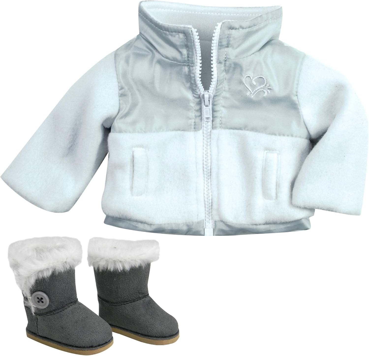 Sophia's 2 Piece Nylon and Fleece Winter Jacket with Heart Embroidery and Gray Boots for 18" Dolls, White/Gray