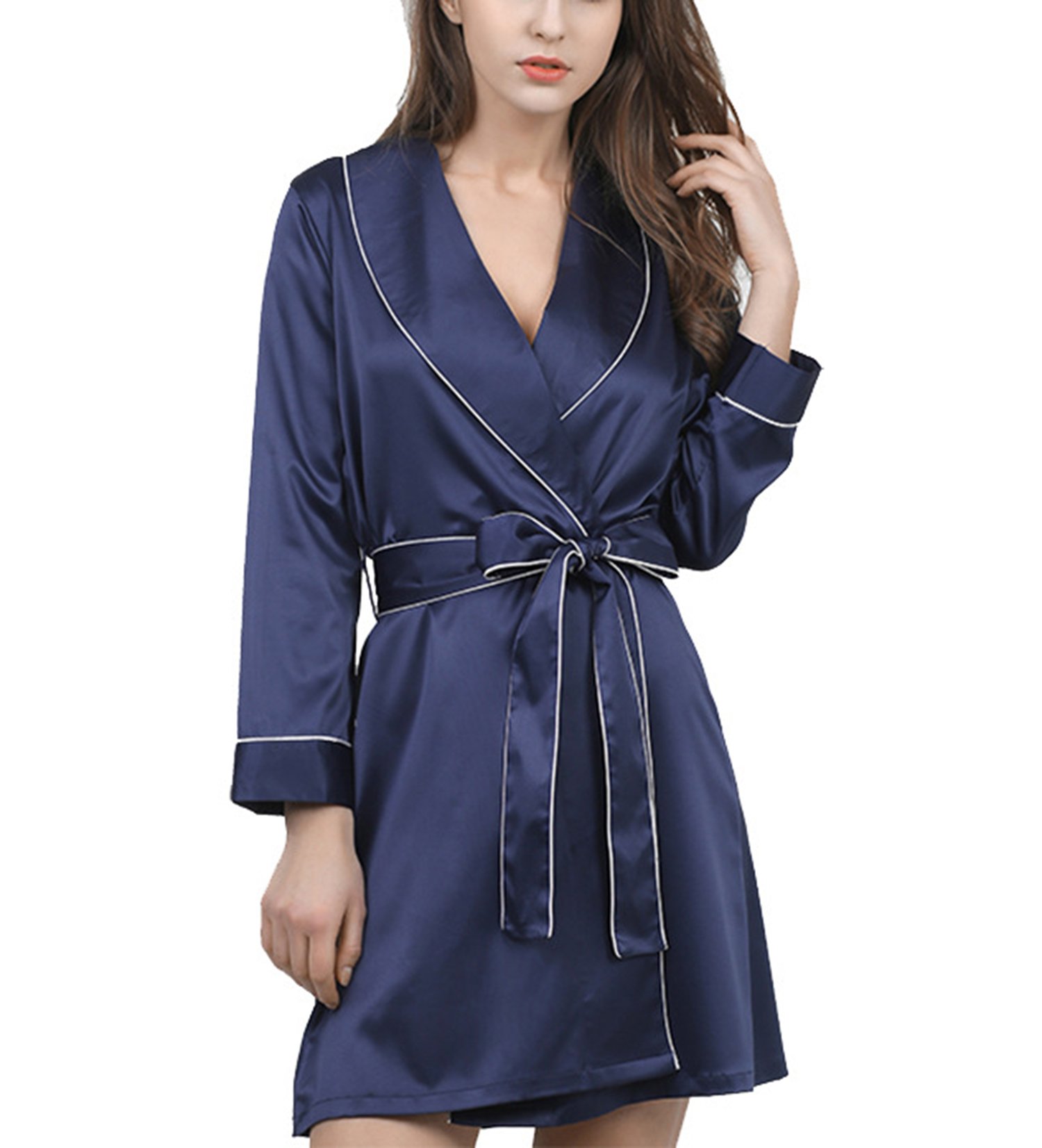 INEOUT Women's Bathrobe, Gown, Bathrobe, Yukata Style, Dress, Open Front, Satin Fabric, Silky Texture, Stylish, Short Length, Kimono, Thin, Western Style, Spring, Summer, Autumn M navy