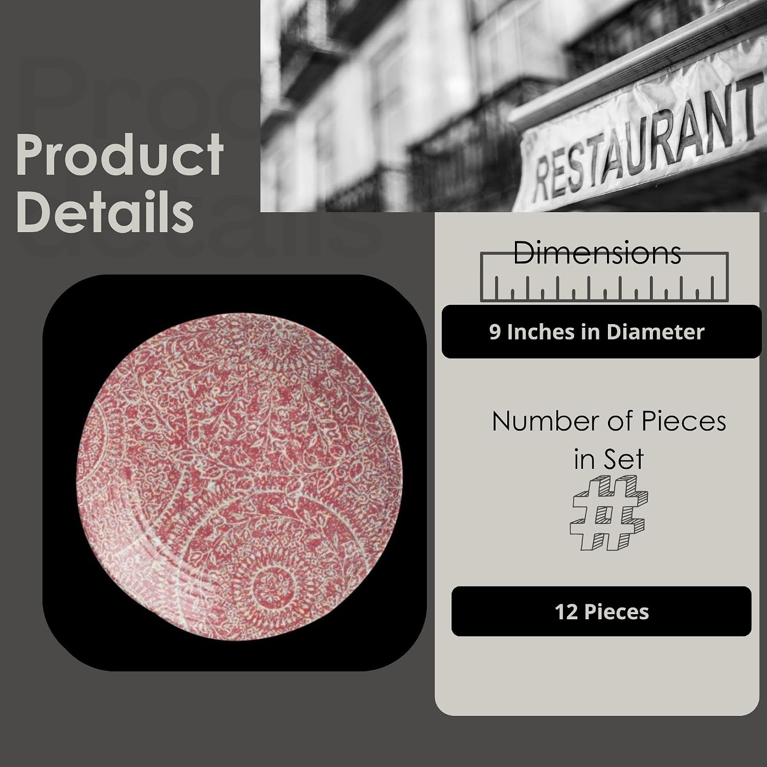 Steelite Melamine Dinner Salad Plates, Creations Solano Mandala Floral Heavy Duty Break Resistant Casual Commercial Foodservice Restaurant, Round 9", For Dessert and Bread, Set of 12, Rubine Red