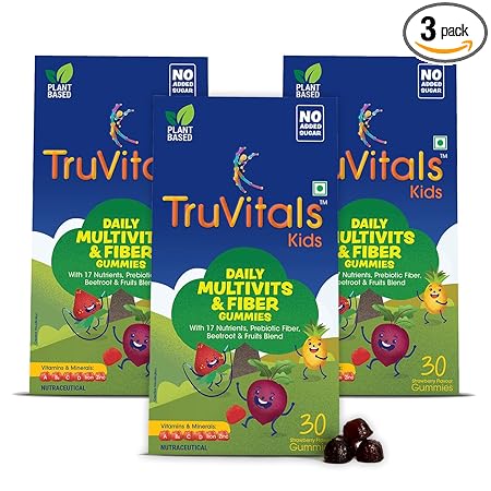 TruVitals Kids Gummies with 17 MultiVitamins & Minerals | NO SUGAR Added Fiber Gummies | Plant based, made with Prebiotic Fiber | Iron, Vitamin A, B complex, C, D, Zinc | Pack of 3s (90 gummies)