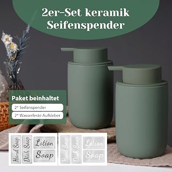 Ceramic Soap Dispenser Set of 2, 12oz Refillable Hand & Dish Soap Pump Bottles with 8 Clear Labels, Modern Liquid Soap Dispenser for Kitchen Sink or Bathroom, Matte Green