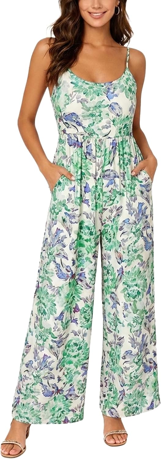 Women's Floral Spaghetti Strap Jumpsuit Sleeveless Wide Leg Romper Casual Summer Vacation One Piece Outfit