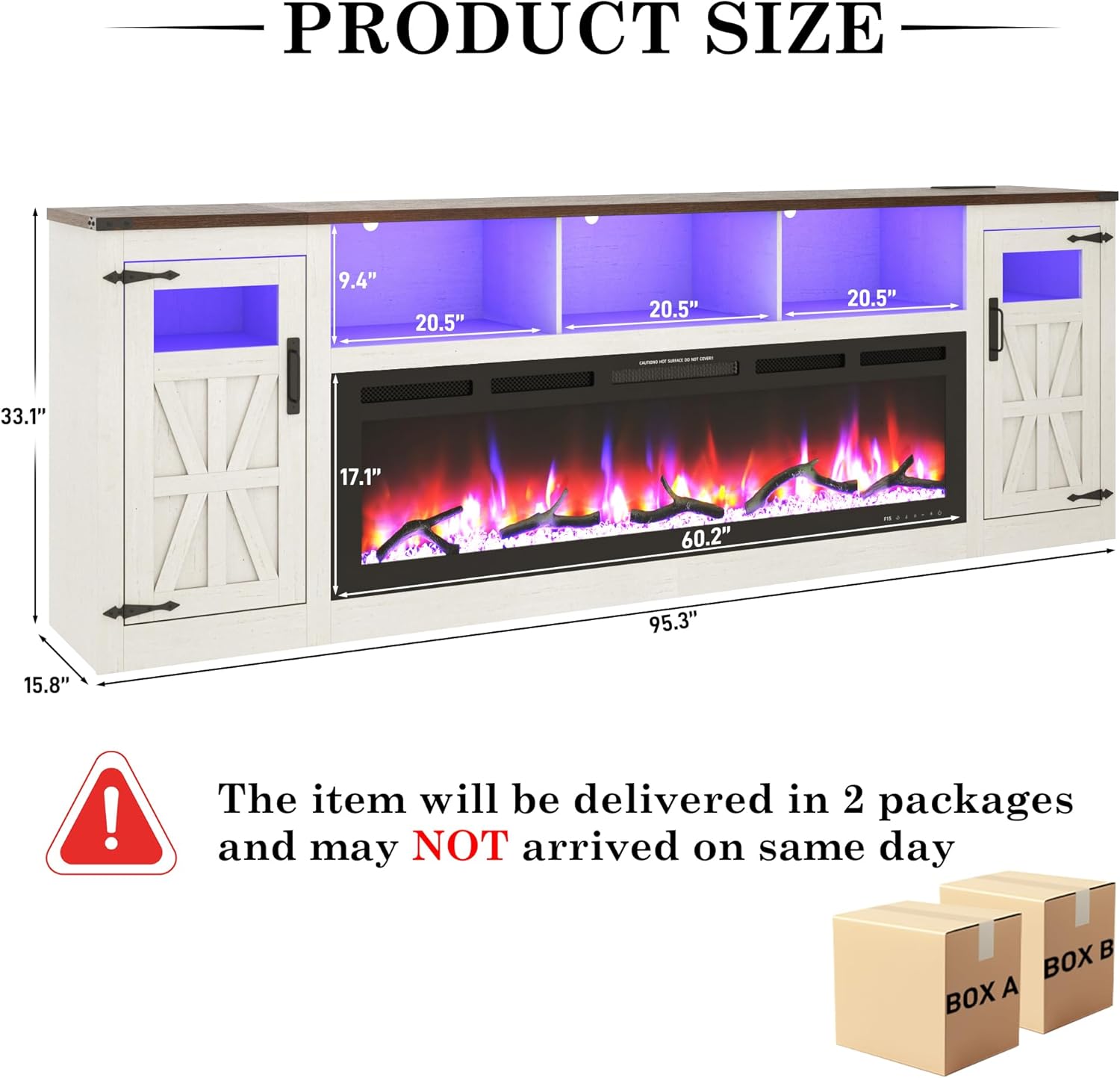Diagram showing the dimensions of the TV stand: 95.3 inches wide, 15.8 inches deep, and 33.1 inches high. It also highlights the 60.2-inch electric fireplace and 9.4-inch shelf height.