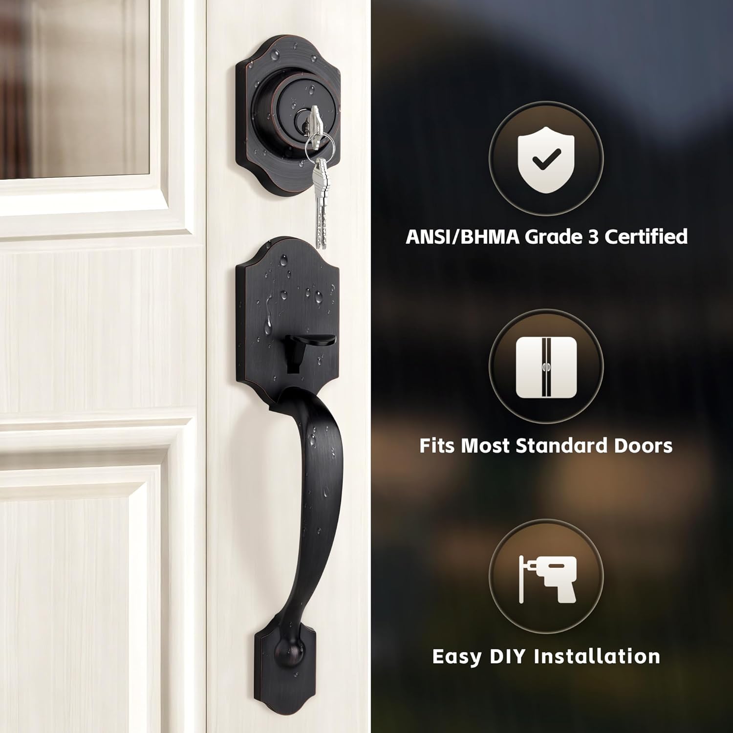 Double Front Door Handleset with Deadbolt – Oil-Rubbed Bronze Classic Entry Handle Set with Dummy, Reversible Lever, Zinc Alloy, Exterior Lock Set