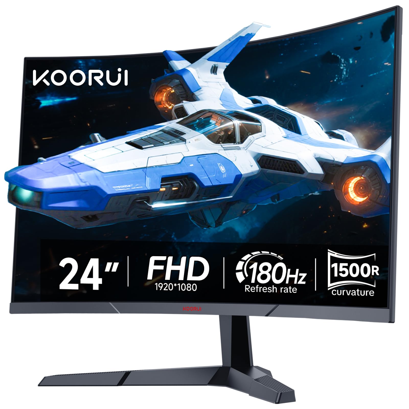 KOORUI Monitor Curvo para Juegos 24 Pulgadas, 180 Hz, 1 ms, 1920 x 1080, FHD, 1500R, Adaptive-Sync, HDR10, VESA, Incluye Cables DP y HDMI
