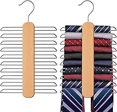ROLLYWARE ® Wood Tie Hanger, Rust Resistant Wooden Necktie Organizer with 20 Swivel Hooks, 360 Degree Rotation, Space Saving, Ideal for Closet Storage (1, Natural Wood)