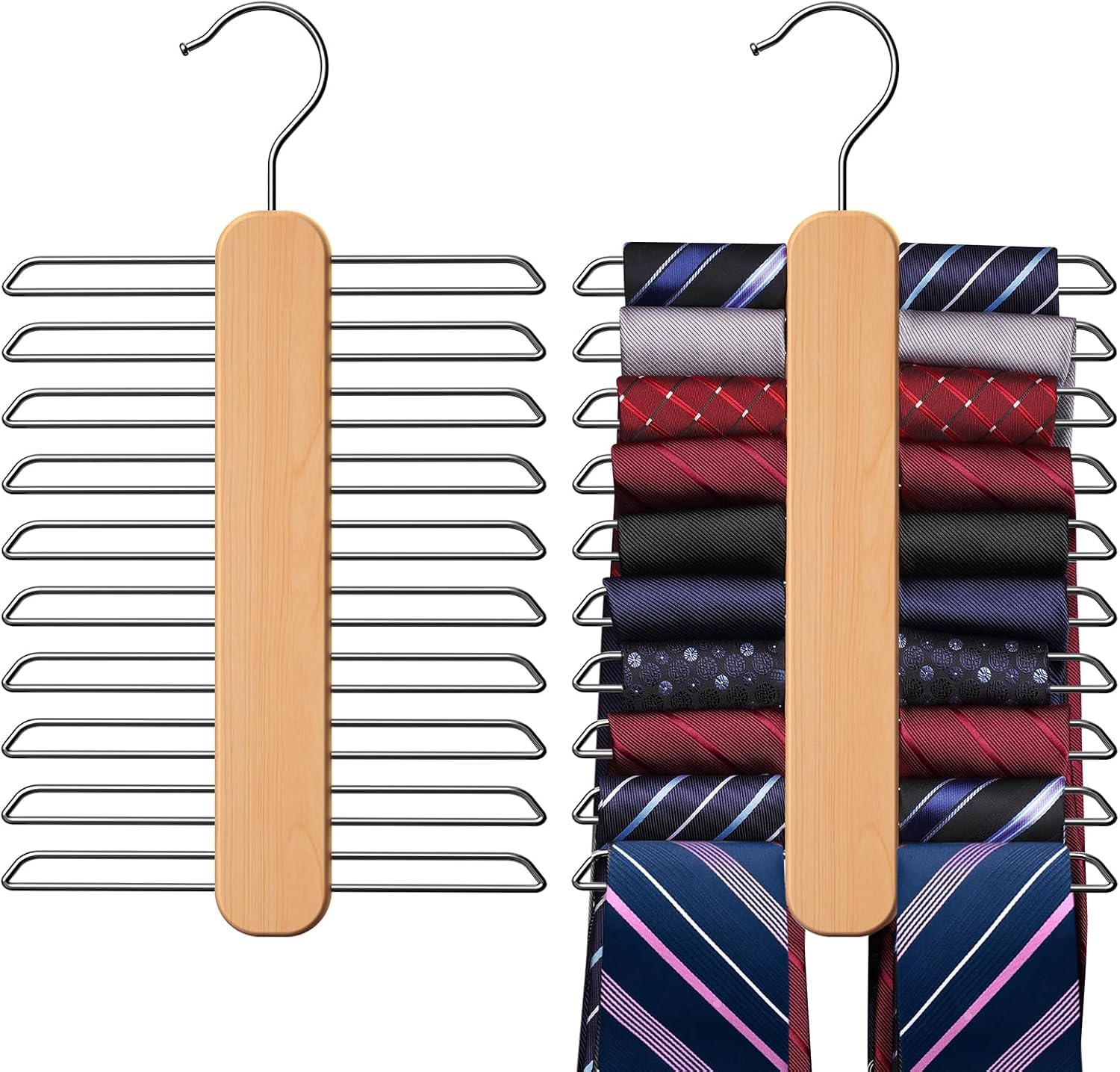 Rollyware ROLLYWARE ® Wood Tie Hanger, Rust Resistant Wooden Necktie Organizer ...