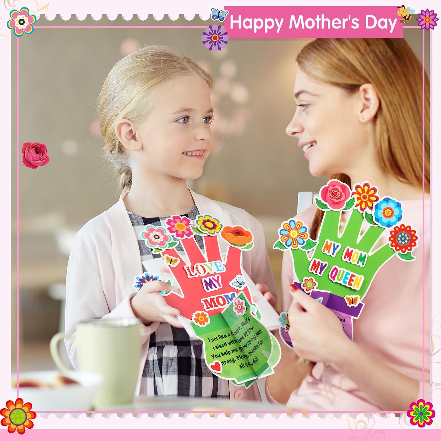 Fullhawl 24 Sets Mother's Day DIY Craft Kits Make Your Own 3D Handprint Best Mom Flowers Stickers for Happy Mother's Day Birthday Gift Home Classroom Activities Party Supplies Decor (Handprint)