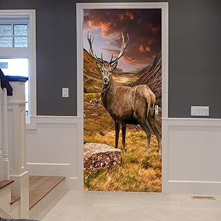A.Monamour Sticker Porte Autocollant Poster de Porte 3D Montagne Coucher De Soleil Ciel Nuageux Paysage Cerf Rouge dans Le Pré Vinyle Affiche de Porte Sticker Mural Papier Peint Art Décor 77 x 200 cm