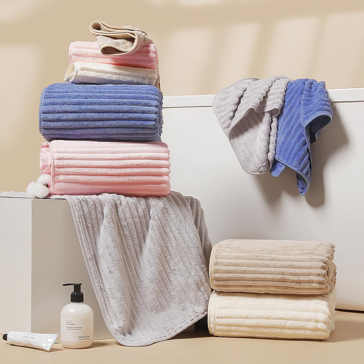 10 PCS Rainbow Coral Fleece Towels Set 5 (60×40in + 30×13in) - Super Absorbent,Extra Large Size, Cost-Effective(Milk White, Deep Blue, Coffee, Pink, Gray) - Image 2