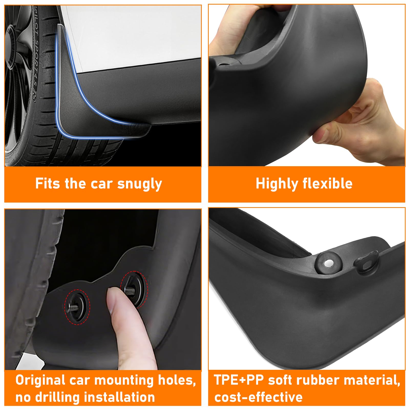 TTCR-II 4 PCS Compatible avec Bavette Tesla Model 3 2017 2018 2019 2020 2021 2022 2023, Aucun Perçage Nécessaire Model 3 Bavettes Anti-éclaboussures Ailes, Tesla Garde-Boue Équipés de Vis de Fixation