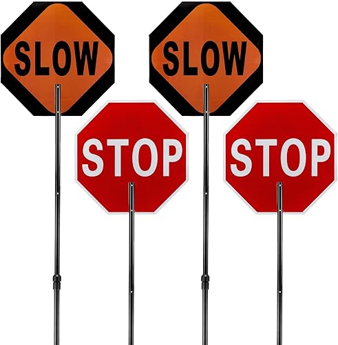 Kanayu 2 piezas de 45x45 cm Señales de parada/lenta de doble cara reflectantes con asa telescópica para señalización de cruces de tráfico en Negro