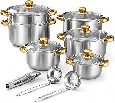 14-Piece Stainless Steel Induction Cookware Set with Nonstick Pots & Pans | Includes saucepans, stockpot, frying pan, steamer, and kitchen utensils. Features stay-cool handles with tempered glass lids