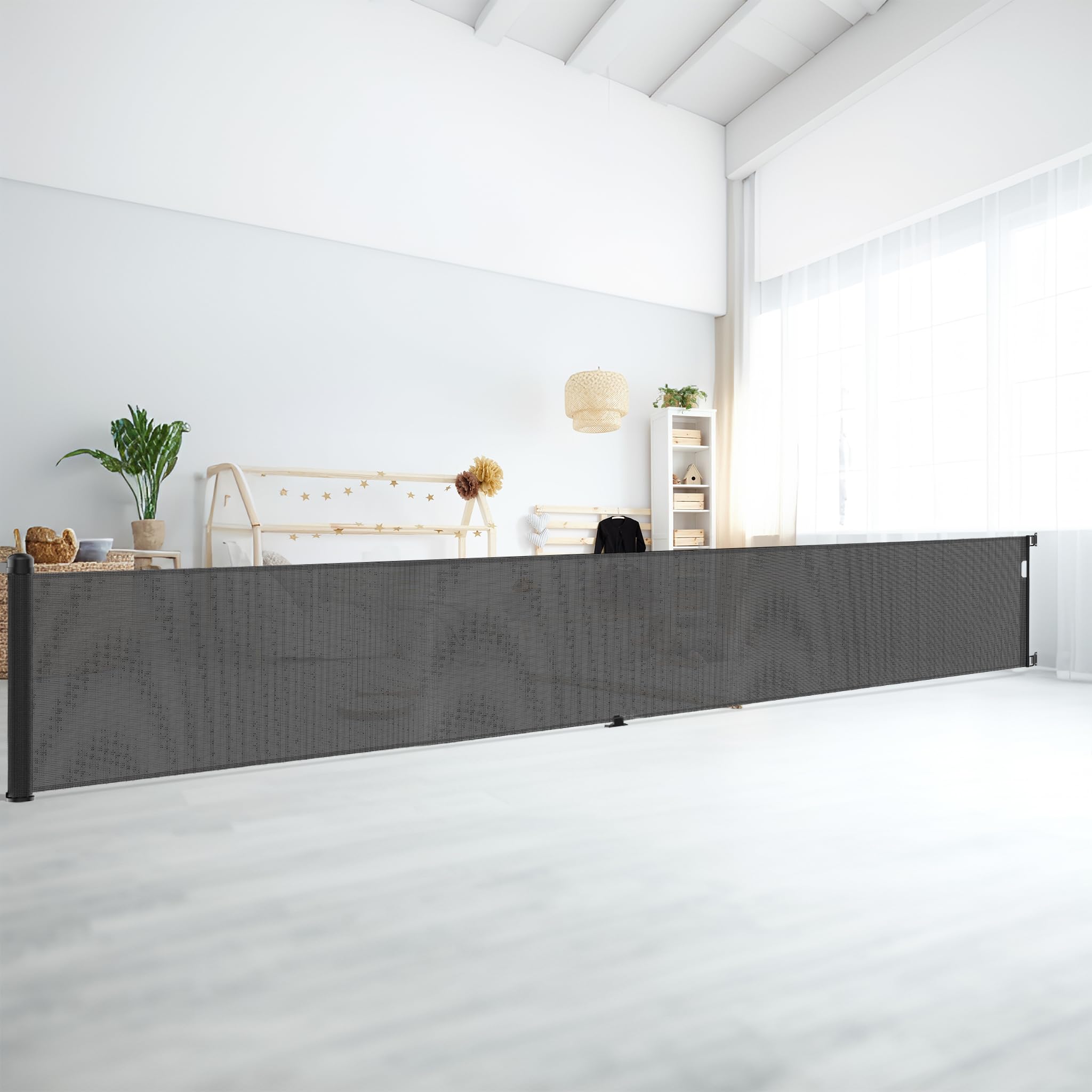 LARS360 Rejilla de protección para puerta extensible 0-300 cm, 87 cm de alto, rejilla de protección para bebé, con una mano, para escaleras, puerta, interior y exterior, color negro