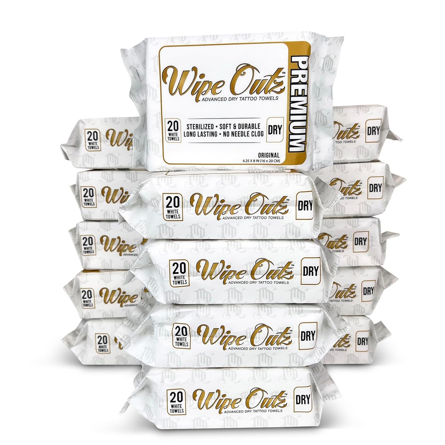 Wipe Outz White Tattoo Towels - Premium DRY Tattoo Wipes for During Tattooing and Aftercare, PMU Aftercare - Soft Absorbent Towel Wipes for Tattooing (6.25”x8”) (White 300-Count) (15 Pack)
