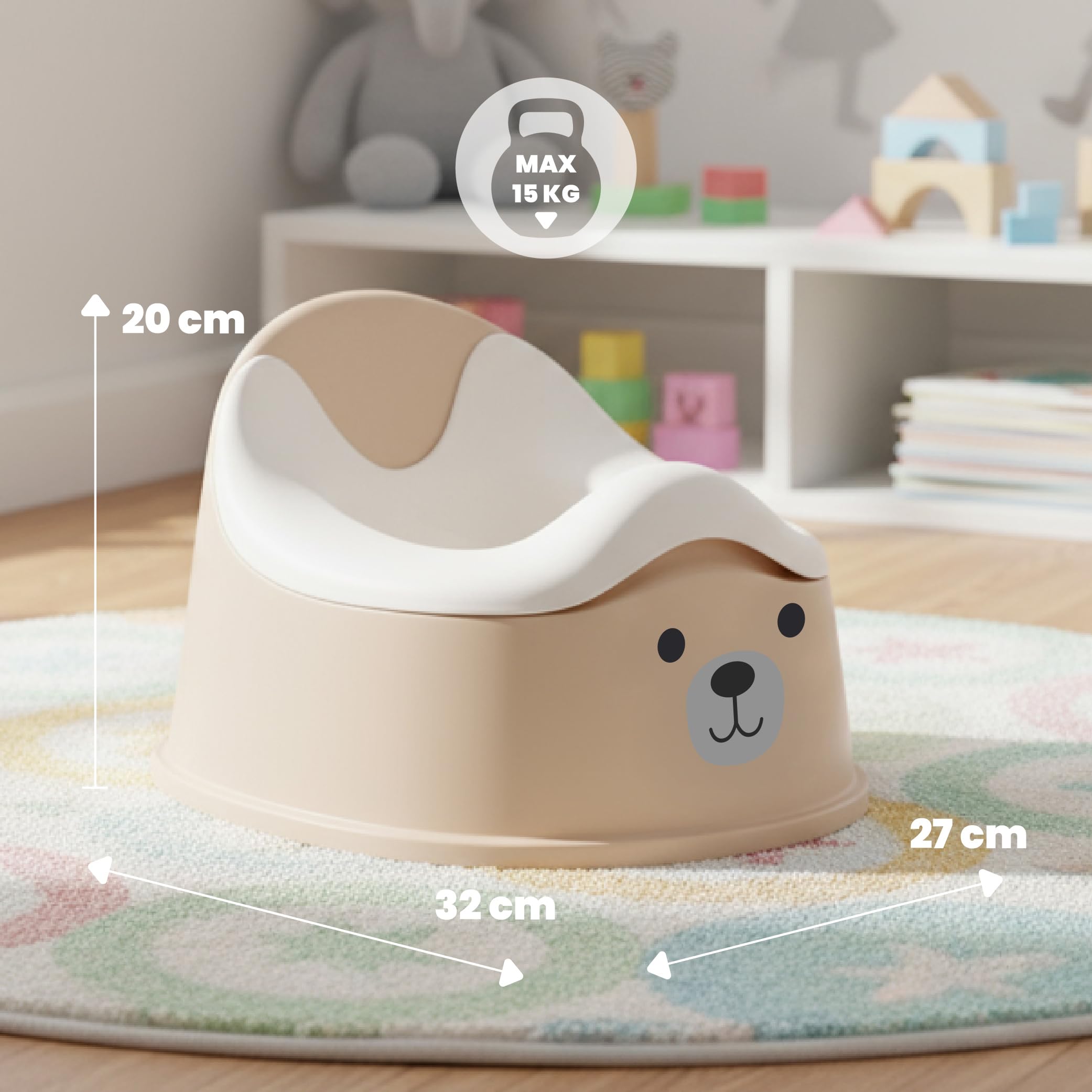sun baby Nocnik dla dzieci 18-36 miesięcy, antypoślizgowe nóżki, ergonomiczne oparcie, wyjmowany wkład, tworzywo sztuczne, do 15 kg (Beżowo-Biały + Naklejka Miś)