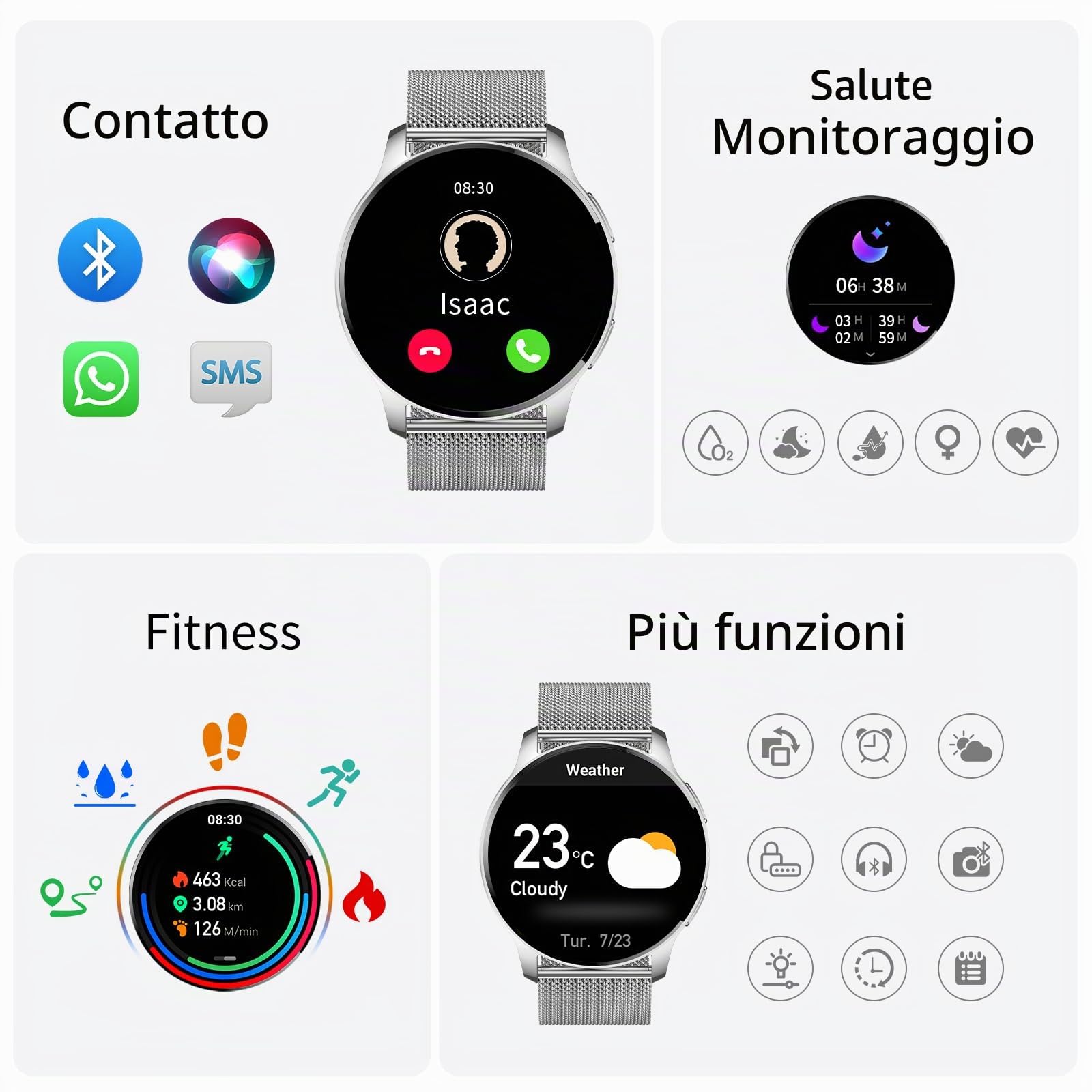 Smartwatch Donna Uomo Chiamata Bluetooth Contapassi Sonno Monitor | 1,34" HD Screen Smart Watch Rotondo Impermeabile Cardiofrequenzimetro Orologio Fitness Android IOS [3 Cinturino]