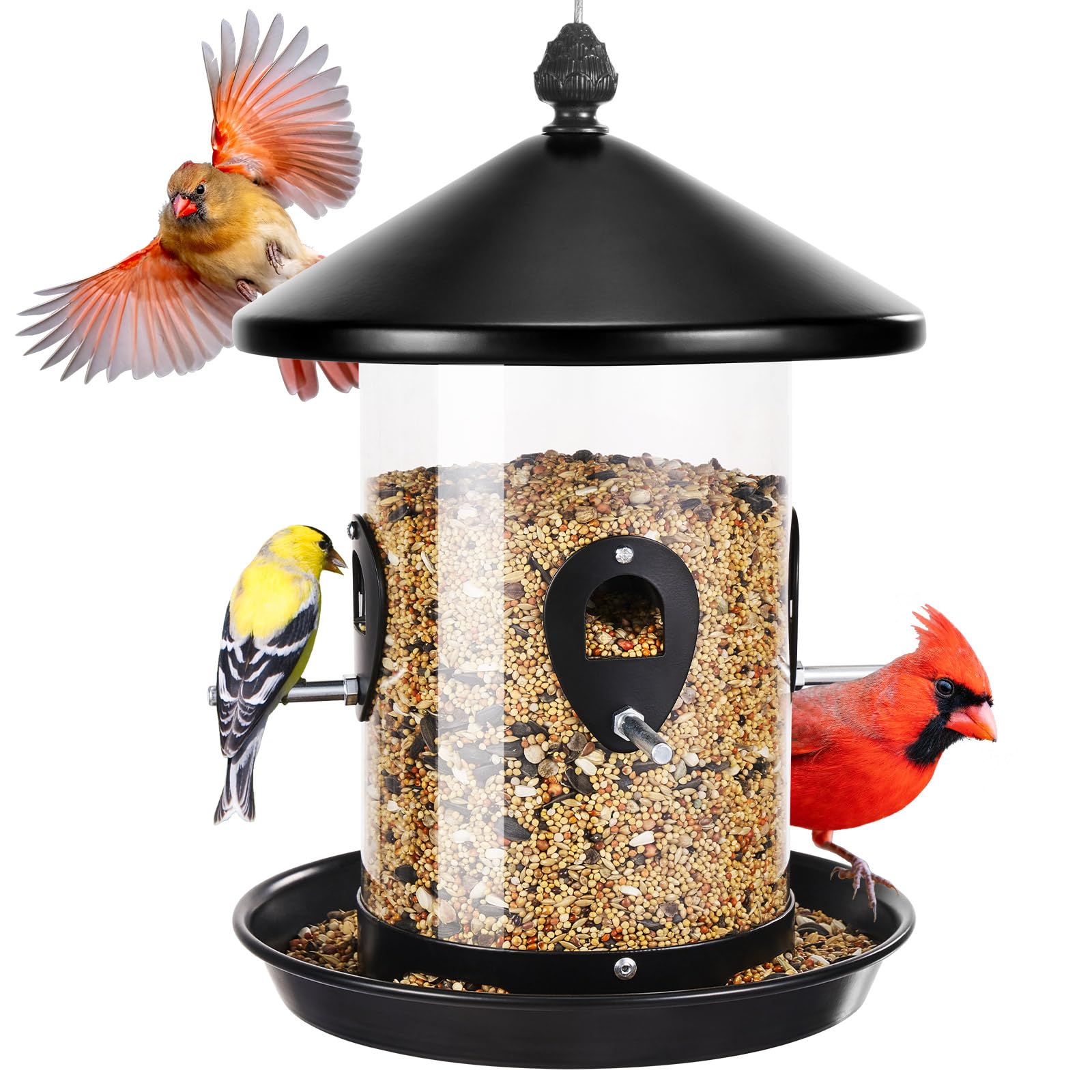 Kingsyard Comedero de metal para pájaros para colgar al aire libre, comederos de tolva con bandeja de semillas, tubo de gran capacidad de 3 libras con 4 puertos, fácil de llenar y limpiar, color negro
