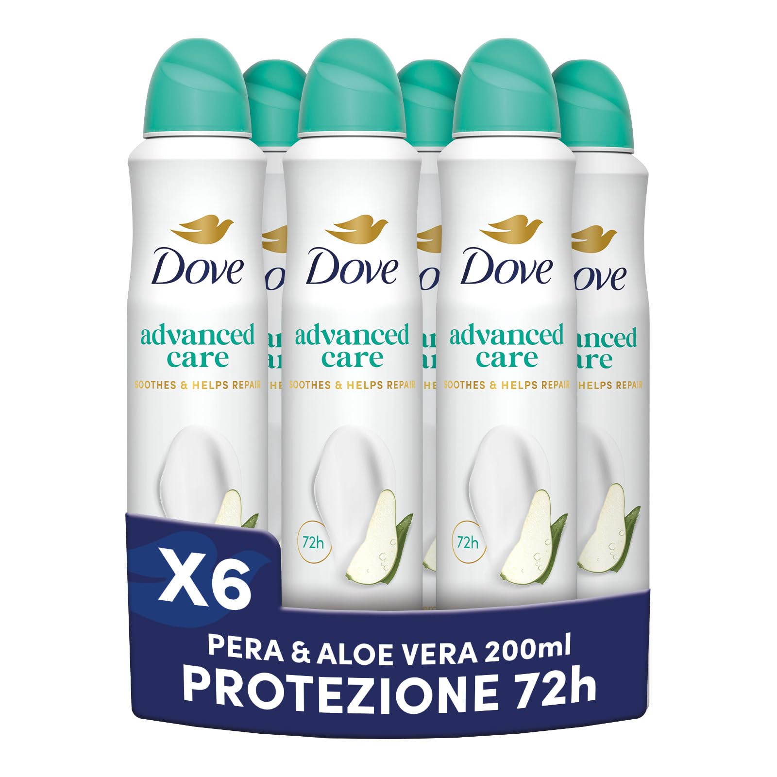 Dove Deodorante Spray Advanced Care Go Fresh Pera e Aloe Vera, con Formula Idratante e Delicata sulla Pelle, Senza Alcol, Pelle Asciutta Fino a 72 Ore, Deodorante Uomo e Donna, 6 Pezzi da 200ml