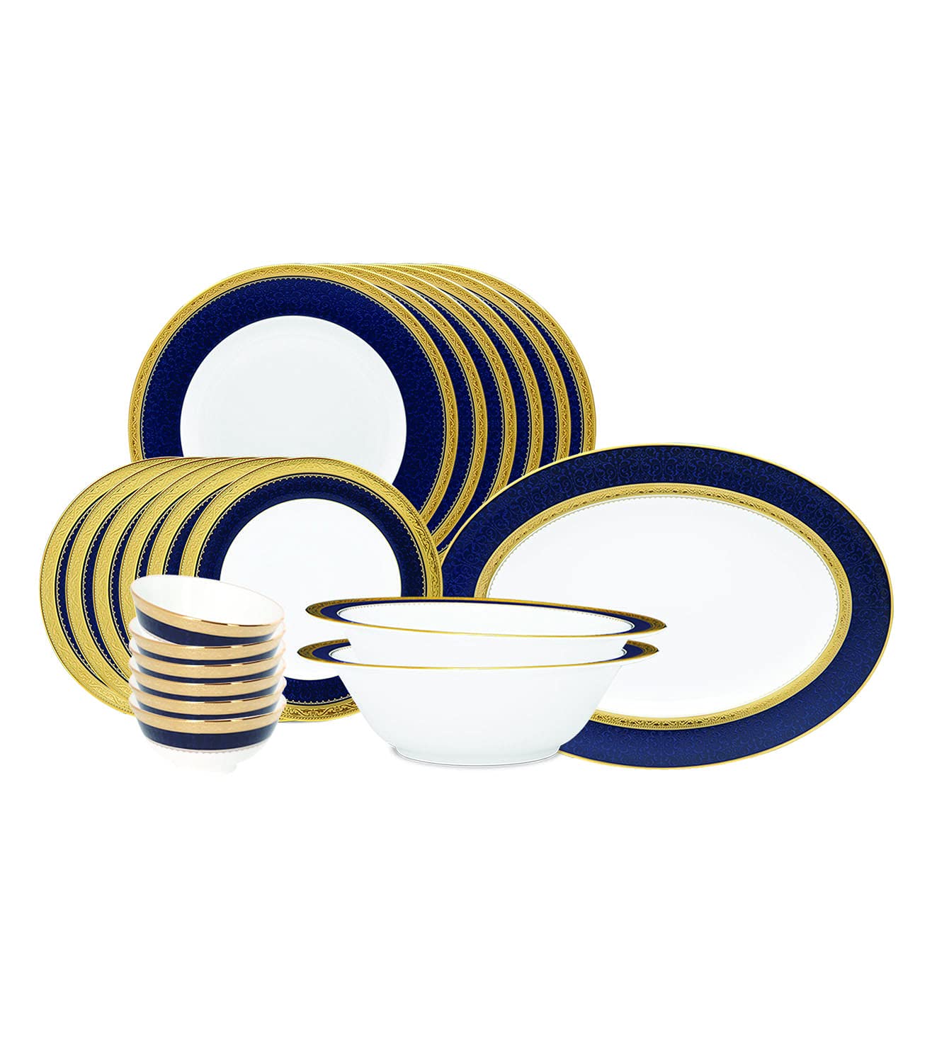 Noritake Japan- Premium And Luxurious Bone China Solid Dinner Set Of 21 Pcs, For 6 People- Odessa Cobalt Gold- 21 Pcs Dinner Set