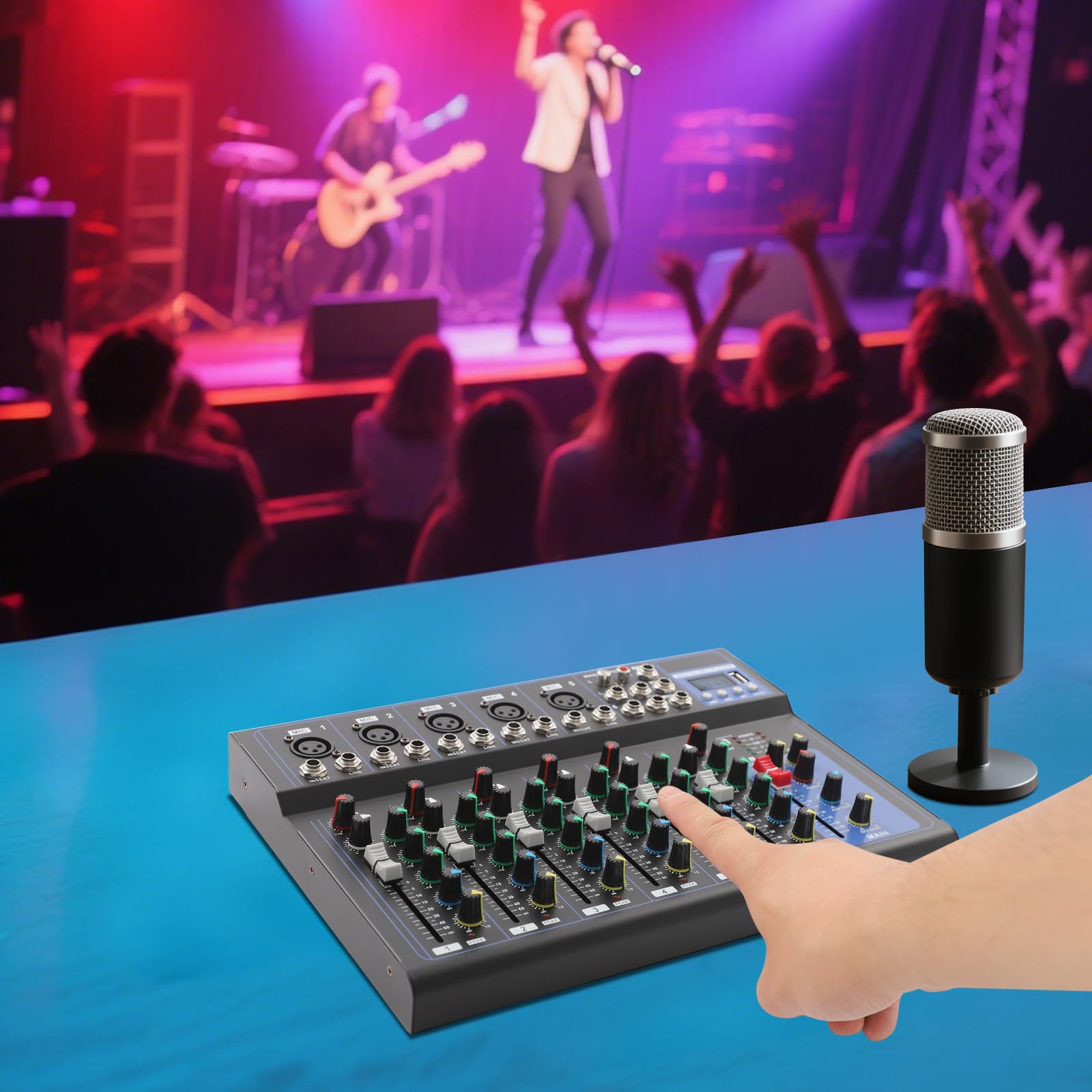 Mesa de mezclas, mezclador de audio de 7 canales, controlador de DJ, mesa de mezclas DJ con seis estilos de música integrados, ecualizador estéreo para la grabación de aplicaciones de música de