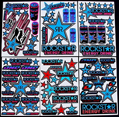 6 FEUILLES D'AUTOCOLLANTS PRÉ-DÉCOUPÉ VINYLE MOTOCROSS BMX ROCKSTAR ETC MX BOISSONS éNERGISANTES STRB