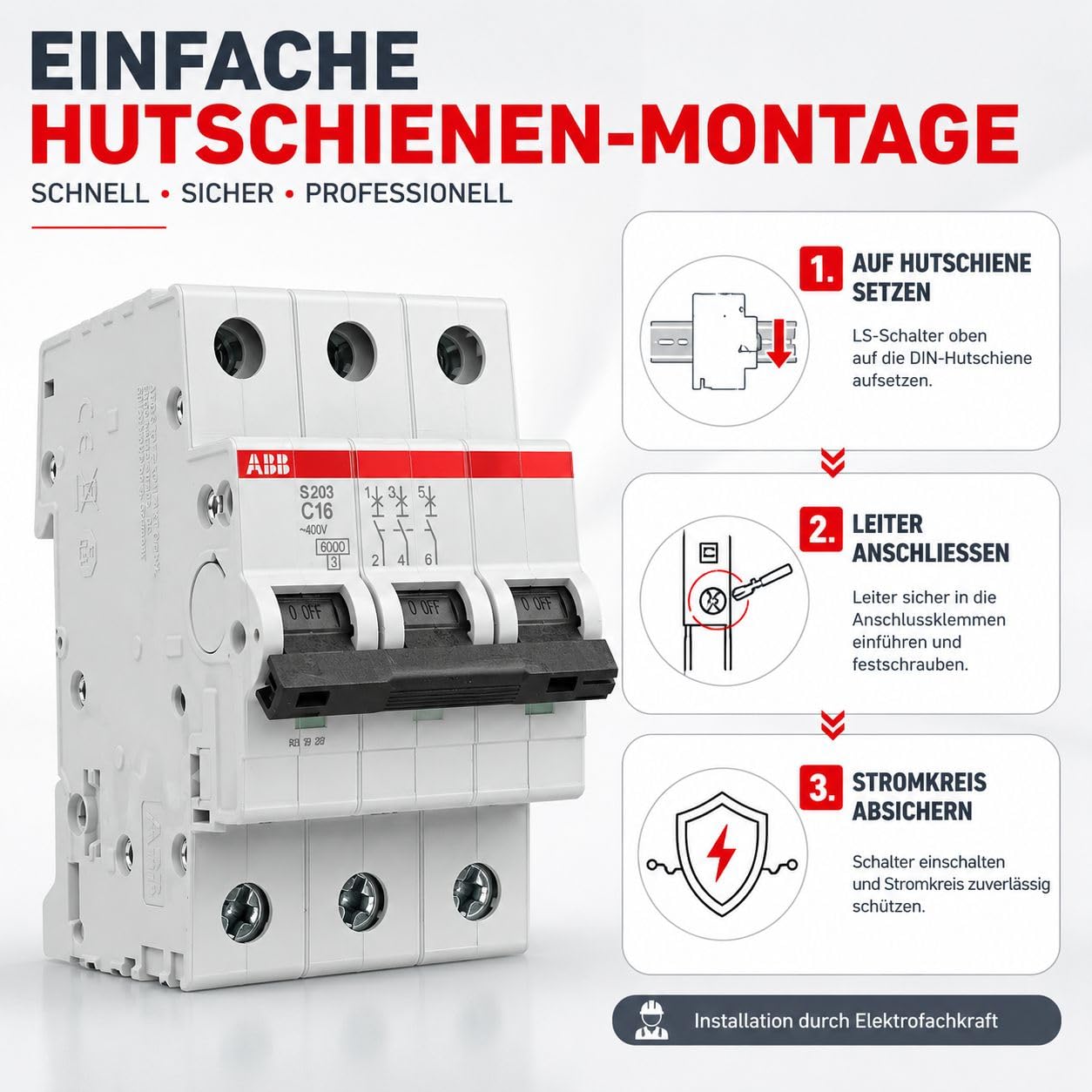 ABB S203-C16 Leitungsschutzschalter 3-polig 16A C-Charakteristik, Sicherungsautomat 6kA, LS-Schalter für Drehstrom & Hutschiene, System pro M compact Leitungsschutzschalter 3P